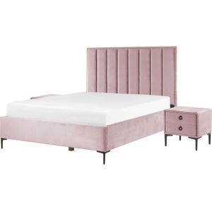Slaapkamer set roze fluweel tweepersoonsbed 160 x 200 cm met opbergruimte 2 nachtkastjes gestoffeerd