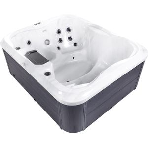 Hot Tub wit acryl 180 x 215 cm 4 stoelen 19 hydromassage jets houteffect aluminium koffer met LED-verlichting
