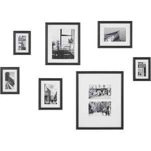 Set van 7 ingelijste foto's zwart verschillende maten moderne passpartout wanddecoratie galerijhaken