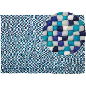 Vloerkleed blauw/wit wol 160 x 230 cm bolletjes handgeweven