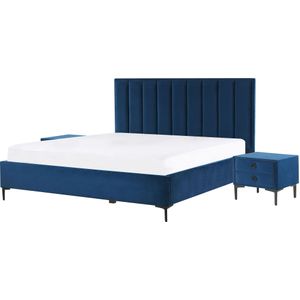 Bed met 2 nachtkastjes Blauw fluweel stoffen lattenbodem 180x200 cm Decoratief hoofdbord met verticaal quilten Modern