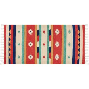 Kelim vloerkleed meerkleurig katoen 80 x 150 cm handgeweven tapijt wandtapijt geometrisch patroon omkeerbaar franjes