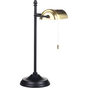 Tafellamp zwart met goud metalen basis glazen lampenkap verstelbaar trekschakelaar retro stijl kantoor bureaulamp