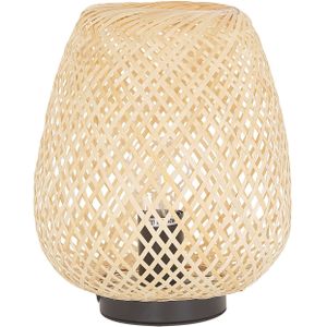 Tafellamp licht bruin 30 cm bamboe hout ronde kap metalen voet in mand optiek kabel met schakelaar landelijke stijl modern design