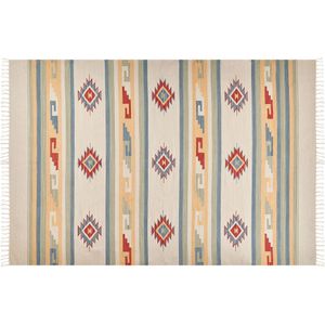 Kelim vloerkleed beige bruin katoen 200 x 300 cm handgeweven tapijt wandtapijt geometrisch patroon omkeerbaar franjes