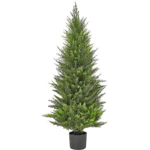 Kunstplant ceder boom met zwarte plastic pot 120 cm met houten stam decoratief woonaccessoire voor binnen buiten tuin