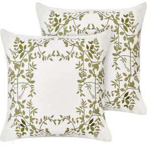 Set van 2 sierkussens wit en groen katoenen stof 45 x 45 cm bloemenpatroon handgemaakt woonaccessoires