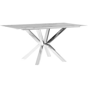 Eettafel wit en zilver gehard glas en metaal poten 160 x 90 cm rechthoekig glamour