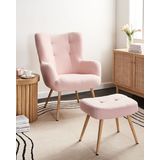 Wingback fauteuil modern gestoffeerde stoel met hocker set bouclé pastelroze Vejle II