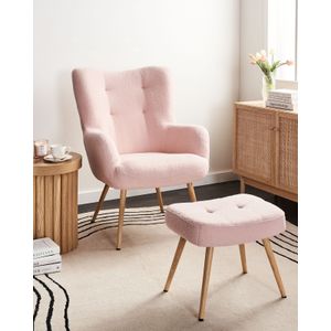 Wingback fauteuil modern gestoffeerde stoel met hocker set bouclé pastelroze Vejle II