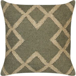 Sierkussen groen en beige jute en wol 45 x 45 cm geometrisch patroon vervaagde kleuren