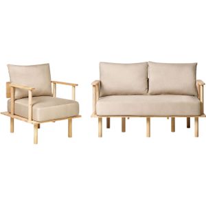 Bank en fauteuil set woonkamer beige polyester stof gestoffeerd 3-zits Japanse minimalistische stijl