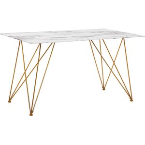 Eettafel marmer effect wit met goud gehard glas tafelblad metaal poten 140 x 80 cm glamour woonkamer