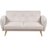 Tweezitsbank beige stof polyester converteerbaar naar slaapbank houten poten modern minimalistisch woonkamer