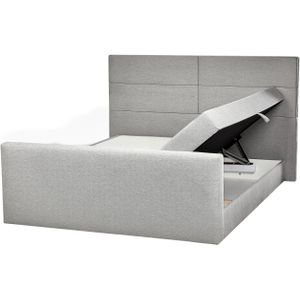 Boxspring bed tweepersoons lichtgrijs gestoffeerd 180 x 200 cm frame met hoofdbord en matras bonnelvering met opbergruimte