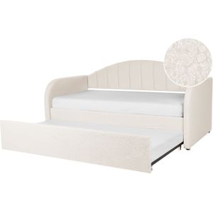 Bedbank onderschuifbed lichtbeige boucle stof eenpersoons 90 x 200 cm houten lattenbodem kinderkamer glamour