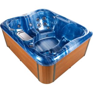 Hot Tub blauw acryl 180 x 215 cm 4 stoelen 19 hydromassage jets houteffect aluminium koffer met LED-verlichting