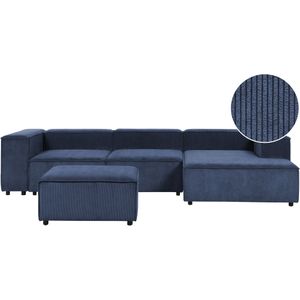 Modulaire linkszijdige bank met ottomaan blauw corduroy driezitsbank hoekbank met zwarte poten modern woonkamer