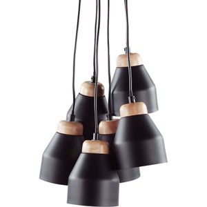 Cluster hanglamp zwart metaal en licht hout 6 lichten klokvormig modern