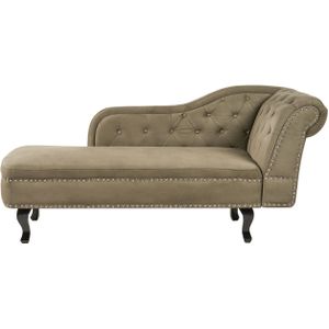 Chaise longue olijfgroen fluweel gestoffeerd rechtszijdig knopen chesterfield stijl woonkamer meubelen