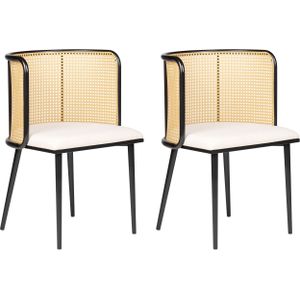 Set van 2 eetkamerstoelen lichtbruin metalen frame beige stoffen zitting Weens gevlochten rugleuning retro