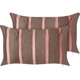 Set van 2 sierkussens bruin en roze fluwelen stof 35 x 60 cm gestreept patroon handgemaakte woonaccessoires