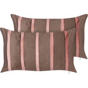 Set van 2 sierkussens bruin en roze fluwelen stof 35 x 60 cm gestreept patroon handgemaakte woonaccessoires