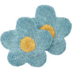 Set van 2 kinderkussens blauw katoenen bloemenvorm sierkussen decoratie bloemen thema textiel