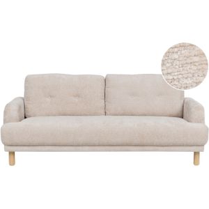 Driezitsbank beige bouclé stof houten poten loveseat bank retro minimalistische woonkamer meubels