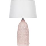 Tafellamp Roze Keramiek Versierde Voet Witte Stoffen Kap Boho Rustiek Design Home Verlichting