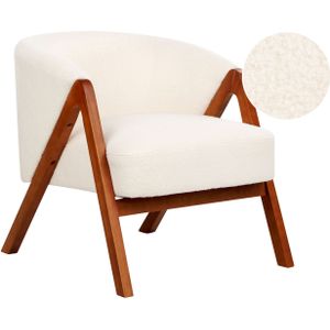 Fauteuil wit bouclé stof accentzetel met houten poten modern ontwerp woonkamer slaapkamer