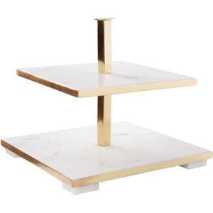 Cakestandaard 2-laags etagère wit met goud marmer roestvrij staal 30 x 30 x 30 cm decoratieve stijl serveergerei gebak