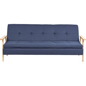 Slaapbank blauw gestoffeerd 3-zits houten frame uitschuifbaar slaapbank armleuningen