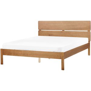 Bed lichthout rubberhout tweepersoons 160 x 200 cm met hoofdbord en lattenbodem minimalistisch rustiek