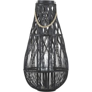 Lantaarn zwart 39 x 75 cm glas met hout kaarsenhouder decoratief gebogen vorm modern