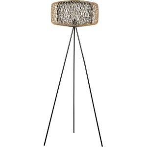 Vloerlamp natuurlijke kleur zwart bamboehout lampenkap metalen basis 120 cm boho stijl staande lamp woonkamer