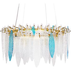 Kroonluchter hanglamp meerkleurig metaal licht glas ronde vorm modern glamour verlichting woonkamer eetkamer