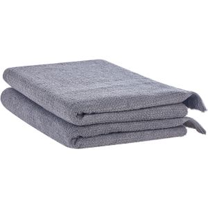 Set van 2 badlakens handdoeken grijze badstof katoen polyester 100 x 150 cm kwastjes textuur badhanddoeken
