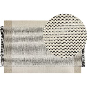 Vloerkleed tapijt beige zwart wol katoen 200 x 230 cm handgeweven laagpolig met franjes