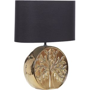 Tafellamp Goud 49 cm Keramische Voet Glanzend met Boom Motief Kabel met Schakelaar Lampenkap in Zwart Slaapkamer Woonkamer Glamoureus
