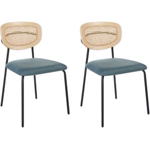 Set van 2 eetkamerstoelen blauw polyester gestoffeerd natuurlijk rotan weense vlecht rugleuning zwart poten