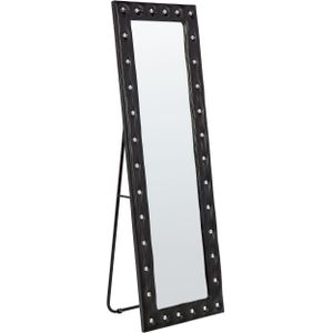 Staande spiegel zwart PU-leer 50 x 150 cm met standaard acrylglas strassteentjes decoratieve lijst glamour wanddecoratie
