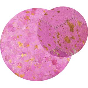 Vloerkleed roze/goud koeienhuid leer 140 cm ø rond patchwork handgeweven hexagon modern