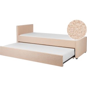 Bedbank onderschuifbed perzik boucl�é stof eenpersoons 80 x 200 cm houten lattenbodem kinderkamer glamour