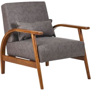 Fauteuil bruin kunstleer houten poten met armleuningen en kussen retro klassiek traditioneel woonkamer