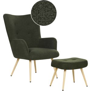 Wingback stoel met hocker voetenbankje donkergroen bouclé stof geknoopt retro stijl woonkamer