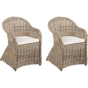 Set van 2 tuinstoelen naturel rotan met katoenen kussens achterkant lichtbeige voor binnen buiten