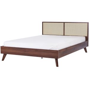 Tweepersoonsbed donkerhout MDF rotan 180 x 200 cm bedframe lattenbodem bed minimalistisch boho