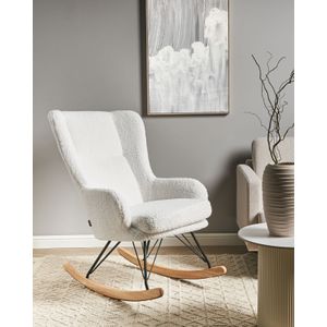 Schommelstoel bouclé bekleding metalen zwarte poten met armleuningen hoge rugleuning off-white Luoma