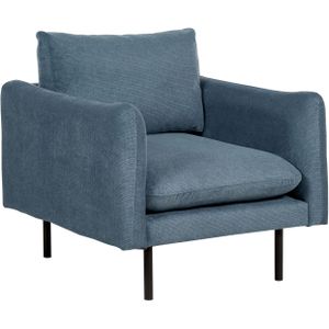 Fauteuil blauw polyester stof zwarte poten moderne retro stijl woonkamer zetel
